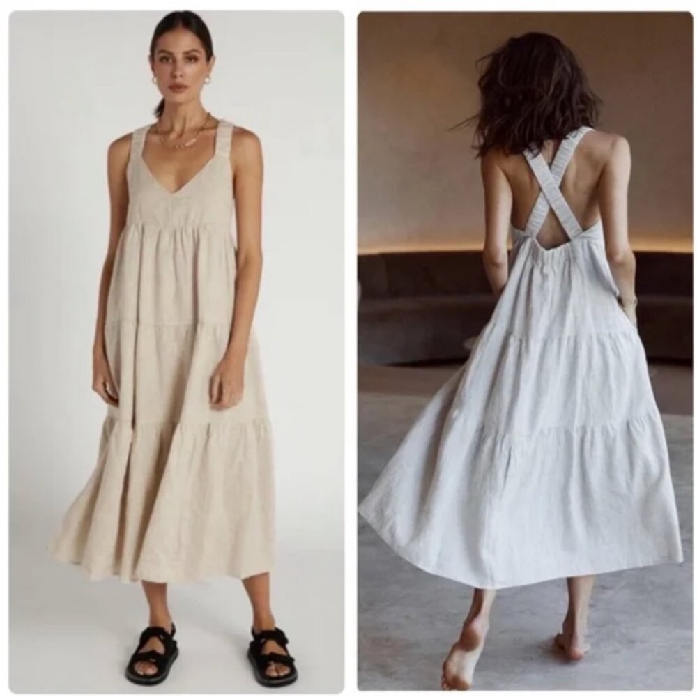 Dissh Natural Linen Midi Dress with Cross Back Size 8
